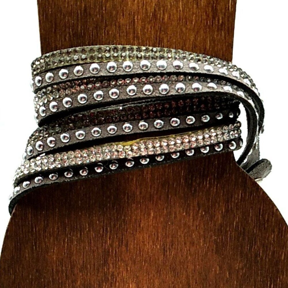 YIK Fung Crystal Studded Leather Wrap Bracelet Signed